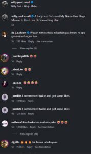 Comment fro Willy Paul Pst after lady shared her tatoo written Willy Paul